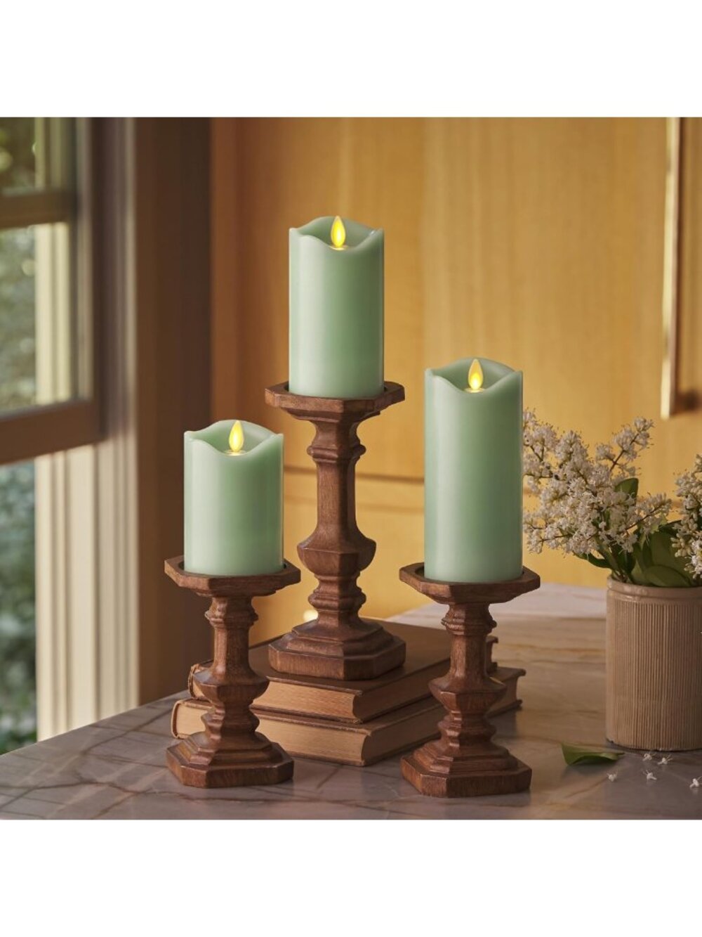 Set of 3 Flameless LED Candles - Flickering Battery Pillars, Real Wax, Pastel